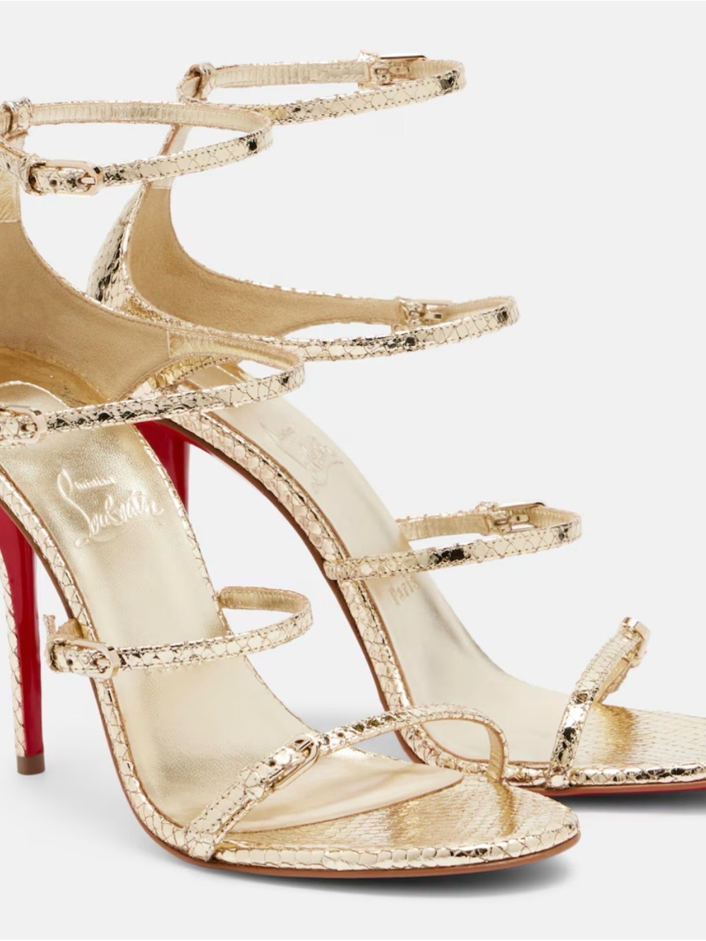 Christian Louboutin Millenium Metallic Gold Snake-Textured Strappy Heels